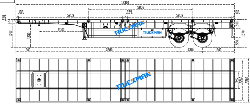 Чертеж конструкции бортового прицепа-контейнеровоза container flatbed trailer design drawing